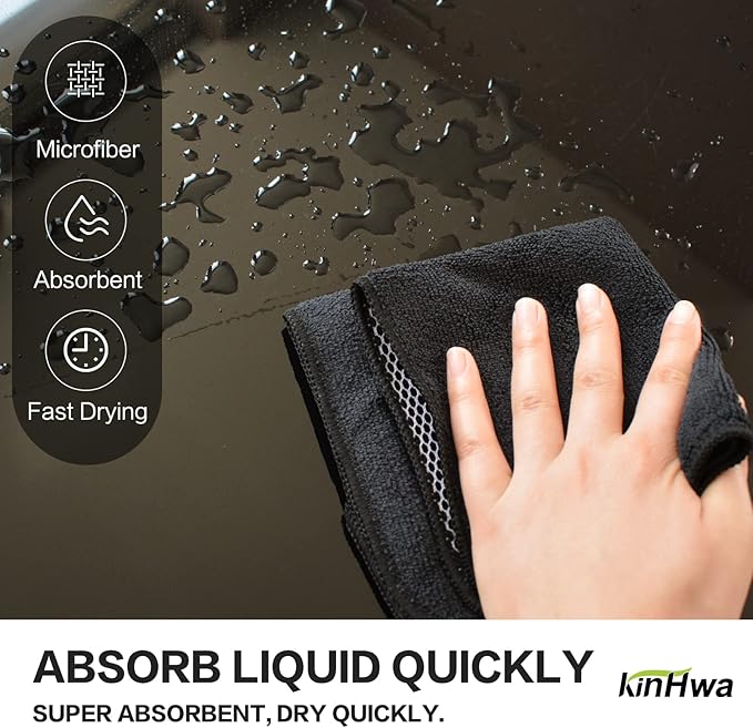 KinHwa Kitchen Washcloths for Dishes Absorbent Microfiber Dish Cloths Quick Dry Dish Rags with Poly Scour Scrub Side Ideal for Kitchen Cleaning (Black, 12inchx12inch 9 Pack)