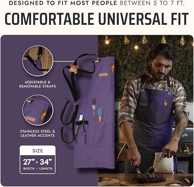 Asaya Chef and BBQ Apron with Bottle Opener and Hand Towel - 10oz Cotton Canvas, Stainless Steel Hardware - Cross Back Straps