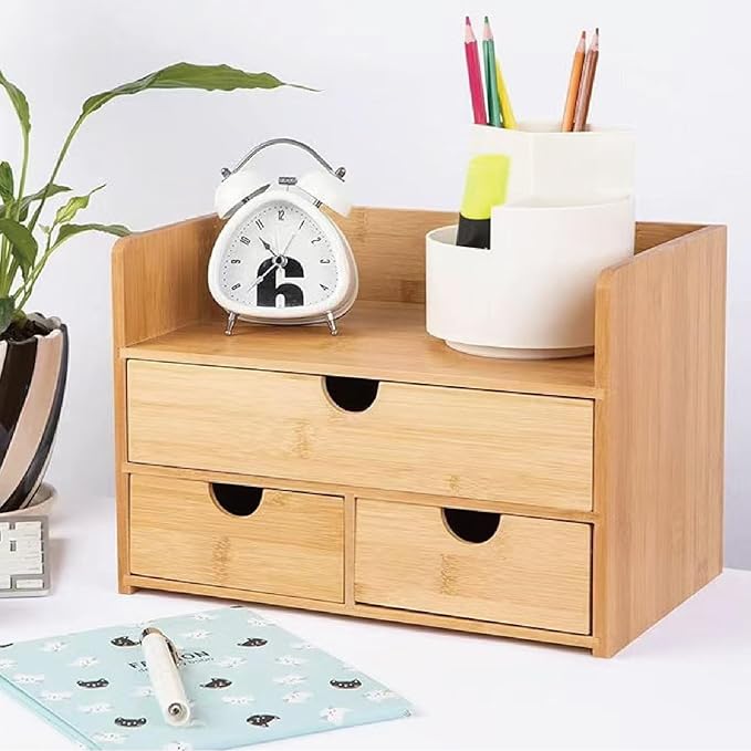 3 Drawer Bamboo Desk Organizer with Shelf – Makeup Storage & Tabletop Organizer for Home Office, Workspace, or Bathroom – No Assembly Required