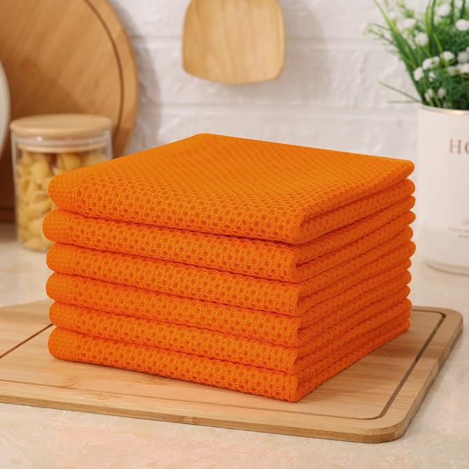 Kitinjoy 100% Cotton Kitchen Dish Cloths (12 X 12 Inches, Orange), 6 Pack Waffle Weave Ultra Soft Absorbent Dish Towels for Drying Dishes Quick Drying Kitchen Towels Dish Rags