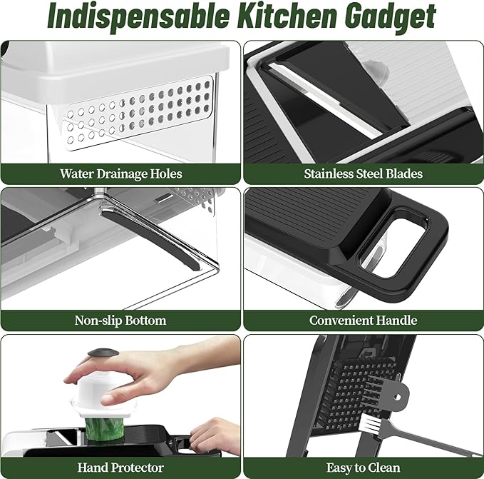 StoreHappily 12-in-1 Vegetable Chopper, 7 Blades Veggie Chopper with Container and Lid, Dicer, Slicer, Multifunctional Kitchen Gadgets, Vegetable Cutter with Handle, Onion Cutter(Black/White)