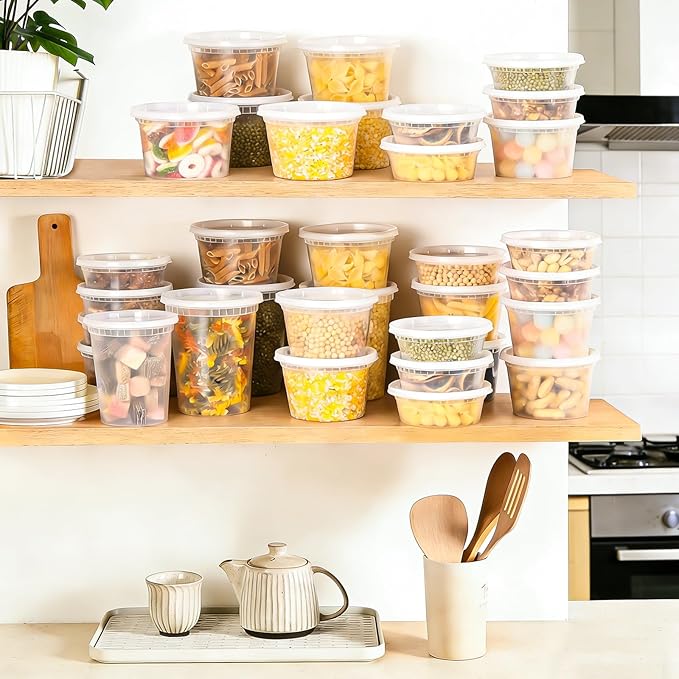 BYSNOW 60 Sets Deli Containers with Lids, 32/16/8 oz X 20 Set Each, Leak-Proof & BPA Free Airtight Takeout Plastic Food Storage Containers for Soup, Freezer/Microwave/Dishwasher Safe