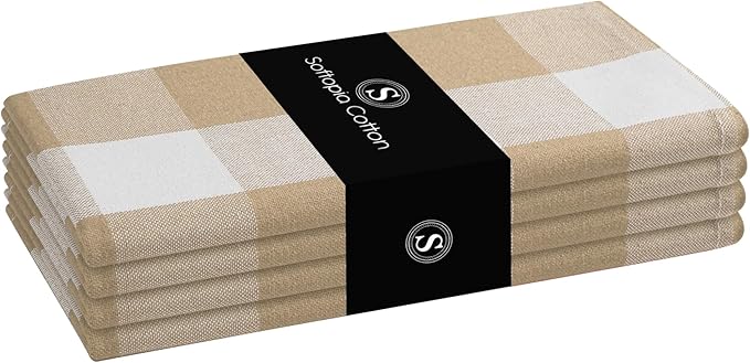 Buffalo Plaid Cloth Napkins, Set of 4, Soft, Durable, Wrinkle Free Fabric Napkins, Checked Napkins for Dinner, Wedding, Restaurant, Buffet, Party, Christmas - Beige, White (16"x16")