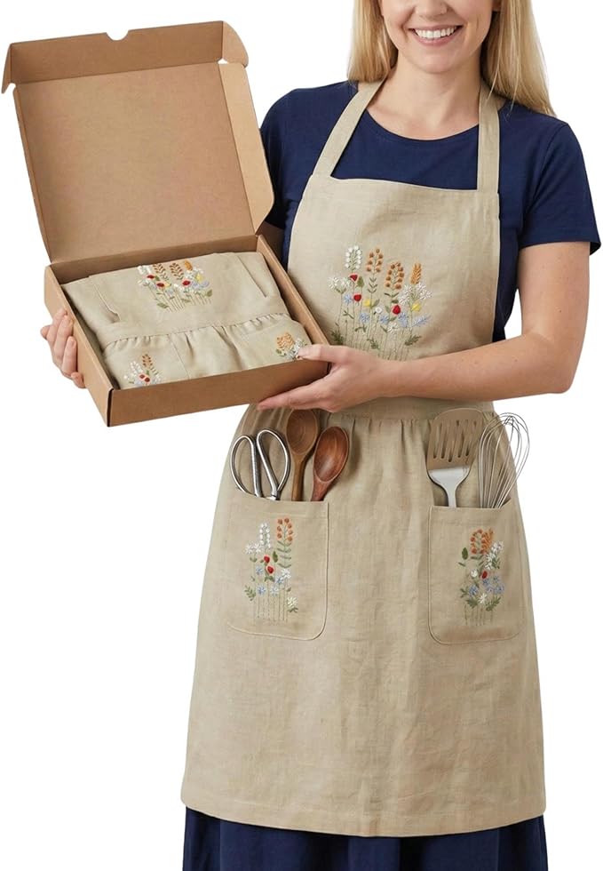 +Linen Embroidered +Apron For +Women With +Pockets, Cute Kitchen Apron, +Cooking +Baking Gifts For Her