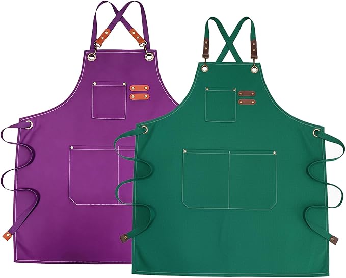 Chef Apron with Large Pockets for Women Men, Cotton Canvas Cross Back Water Repellent Adjustable Work Apron