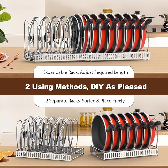 Housolution 2 Pack Pot and Pan Organizer with 14 Adjustable Dividers, 12"-23" Expandable Food Container Lid organizer Compatible with Tupperware, Pan Lid Holder Storage Rack for Cabinet, Silver