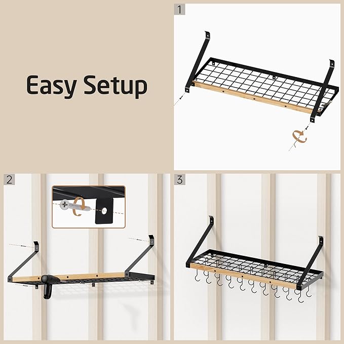 KES Pot Rack Wall Mounted 34 Inch, Pot and Pan Hanging Rack with 20 Sturdy Hooks, Solid Wood Pot and Pan Hanger Organizer, Matte Black, KUR529S85A-BK