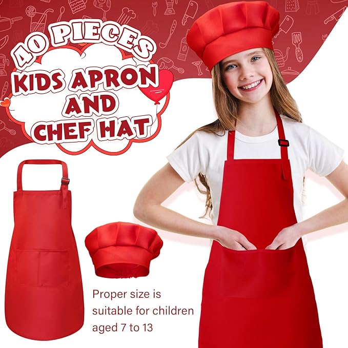 Handepo 40 Pcs Apron Chef Hat Set Aprons Chef 's Bib Apron Hats Bulk for Cooking Painting 7-13 Years