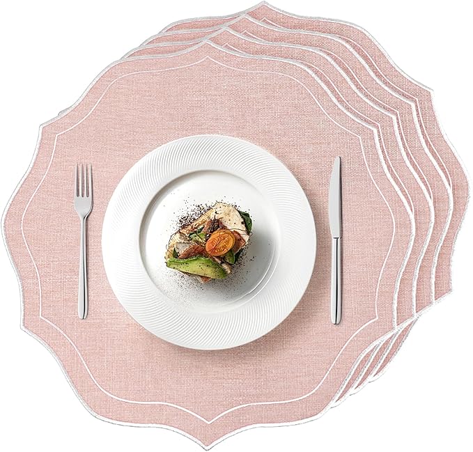 Set of 4 Cotton Linen Placemats, 15x15 Round Scalloped Cloth Table Mats, Embroidery Machine Washable, Wrinkle Resistance Fabric Place Mats for Wedding Summer Baby Shower Party Table Decor-Pink