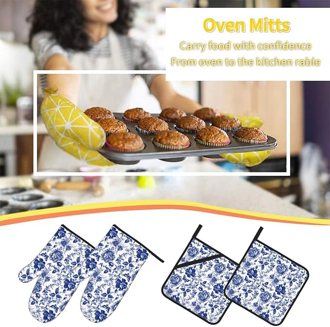 Blue and White Porcelain Floral Butterfly Oven Mitts and Pot Holders Set of 4,Vintage Chinoiserie Heat Resistant Non-Slip Potholders Oven Gloves and Pad for Kitchen Cooking Baking Grilling BBQ