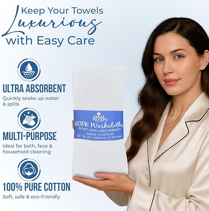 DAN RIVER 60 Pack Wash Cloths for Showering [12x12] - 100% Cotton Washcloths Premium Quality Flannel Face Cloths for Bathroom, Highly Absorbent and Soft Feel Wash Clothes, White