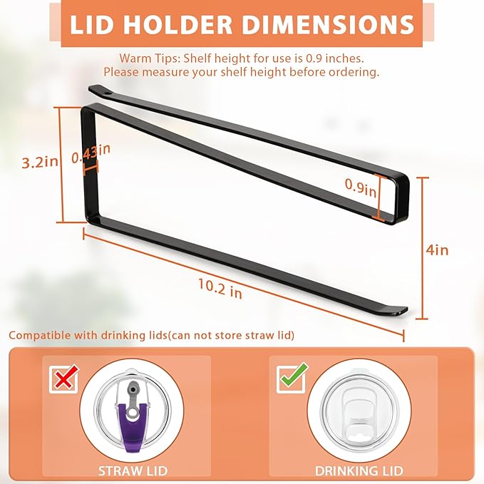 2 Pack Tumbler Lid Organizer, Horizontal Tumbler Lid Storage Hook to Hold Up 20 Lids, Space Saving Cup Lid Holders Under Cabinet Tumbler Lid Hook for Kitchen Organizer, Paper Towel Rack Hanger (Black)