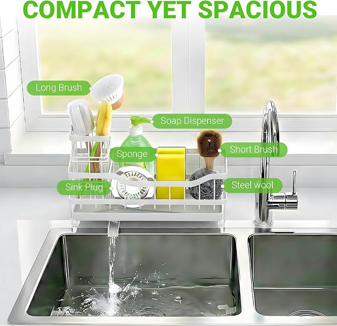 Sponge Holder for Kitchen Sink, Rustproof Sink Caddy Organizer with Dish Brush Holder, Self-Draining Kitchen Sink Organizer Countertop for Soap Dispenser, Scrubber and Sink Storage Essentials, White