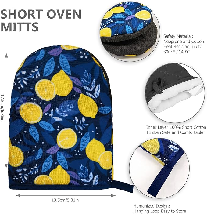 Lemon Oven Mitts, High Heat Resistant Kitchen Oven Gloves, Mini Silicone Oven Mitts, Non-Slip Grip Surfaces and Hanging Loop for Grilling, Baking, Cooking and Microwave, Gift