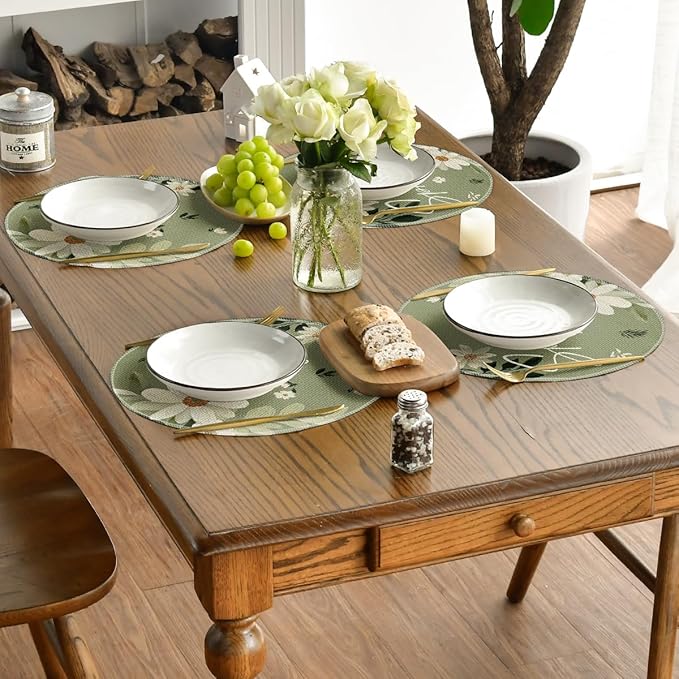 Artoid Mode Olive Green Hello Spring Daisy Round Spring Placemats Set of 4, 14 Inch Seasonal Holiday Table Mats for Party Kitchen Dining Decoration