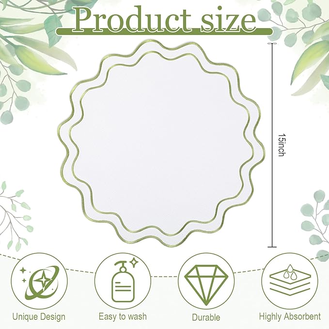 Set of 12 Cotton Linen Placemats, 15x15 Scalloped Flower Embroidery Cloth Table Mats Double Layered Fabric Washable Wrinkle Free Dining Placemat for Restaurant Kitchen Decor (White with Green)