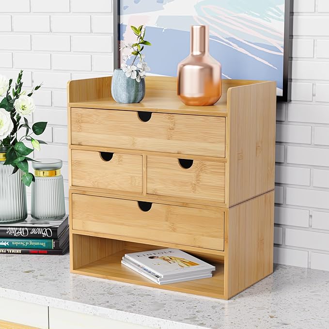 Wisuce Bamboo Desk Drawer Organizer, Desktop Organizer with Drawers Tabletop Storage Organization Box for Office Home Toiletries Supplies Vanity, No Assembly Required(2 Drawers)