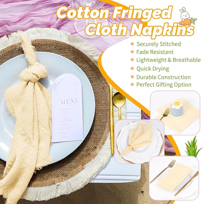 Showgeous 30 Pack Beige Cloth Napkins with Fringe 16x16 inch 100% Cotton Beige Napkins Handmade Dinner Napkins Bulk Washable Soft Rustic Table Napkins for Wedding Parties Bridal Baby Shower