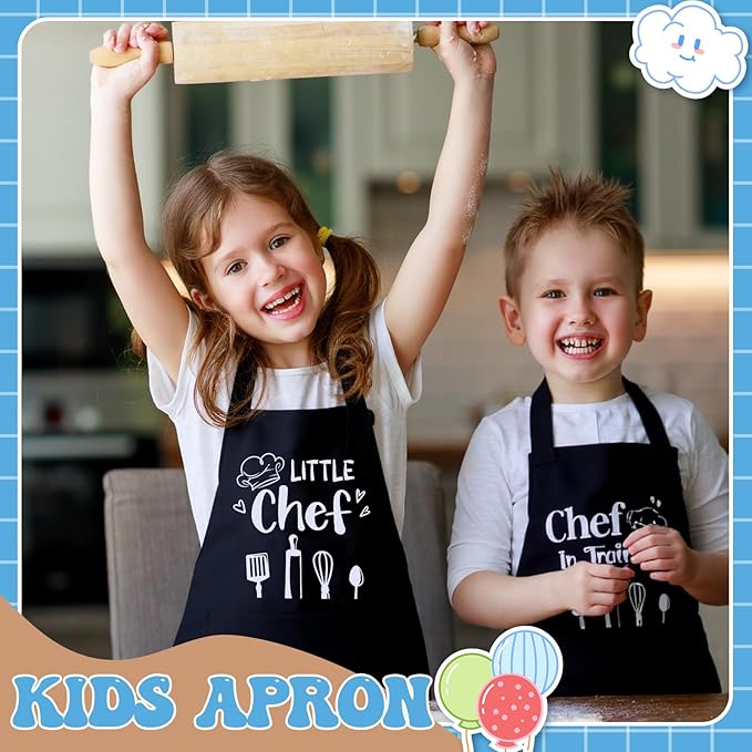 2 Pack Kids Apron and Chef Hat Adjustable Kitchen Cooking Apron with Pockets Kids Funny Apron for Girls Boys