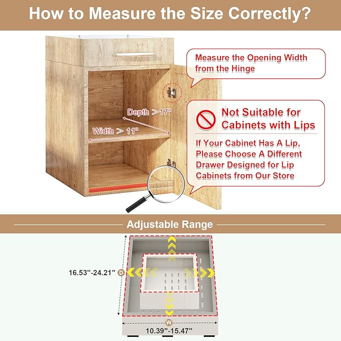 Pull out Cabinet Organizer,Width (11"-16") and Depth (17"-24") Expandable With 3 Rails,No Drill Adjustable Slide out Drawers for Kitchen,Pantry,Adhesive Roll out Shelves,for Cabinets Without Lip,White
