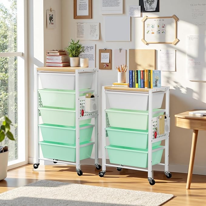 Rolling Cart with 4 Drawers, Plastic Drawer Storage Carts with Wheels & Wooden Tabletop, Metal Utility Cart with Pegboards, Office Living Room Classroom Craft Organization and Storage, Bright Green