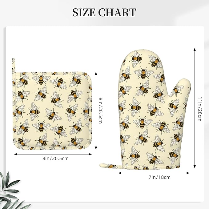 Happy Busy Bees Oven Mitts and Pot Holders Sets Silicone Bees Kitchen Mitts Bee Potholders Heat Resistant 4Pcs Oven Gloves Hot Pads for Kitchen Baking Cooking BBQ Grilling