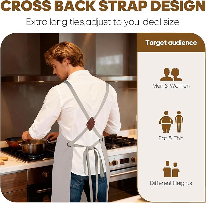 Aprons For Women Men With Large Pockets, Waterproof Cotton Chef Aprons For Cooking Server Grilling Bbq Kitchen