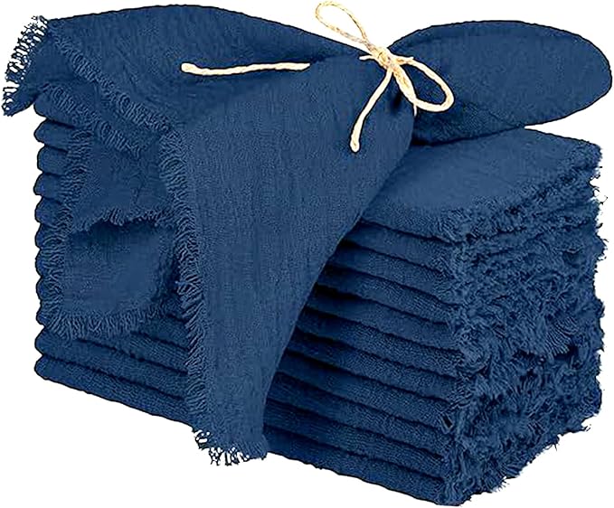 Cotton Blend Fringe Cloth Napkins - Crinkle Gauze Dinner Napkins, Reusable & Washable Table Napkins, 17" x 17" (43 x 43 cm), Multiple Colors, 12/24/48/100 Pack (24, Denim Blue)