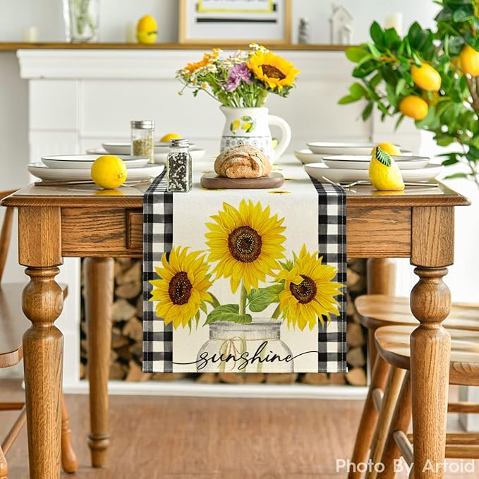 Artoid Mode Buffalo Plaid Sunflower Sunshine Vase Summer Table Runner, Spring Kitchen Dining Table Decoration for Home Party Decor 13x36 Inch