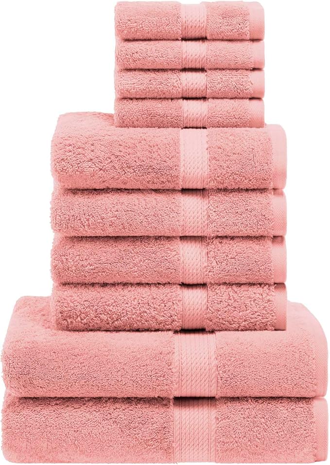 Superior Egyptian Cotton Pile 10 Piece Towel Set, Includes 2 Bath, 4 Hand, 4 Face Towels/ Washcloths, Ultra Soft Luxury Towels, Thick Plush Essentials, Guest Bath, Spa, Hotel Bathroom, Tea Rose