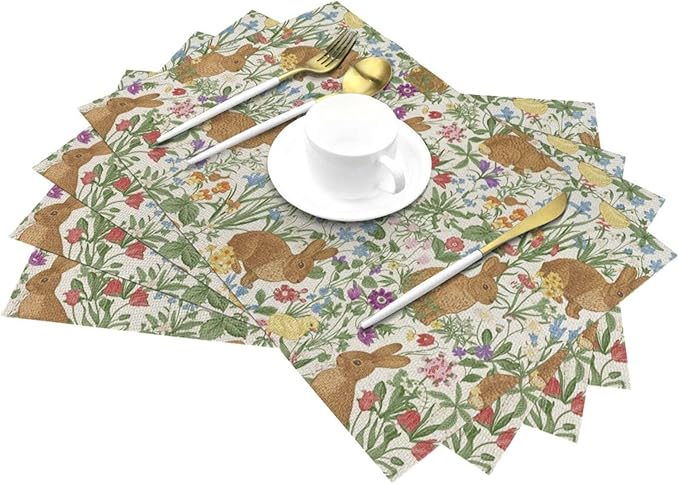 Spring Place mats Set of 4,12x18 Inches Cute Brown Rabbit Floral Placemats Rectangle Easter Decor Bunny Flower Linen Table Mats for Party Home Kitchen Dining Table Decoration