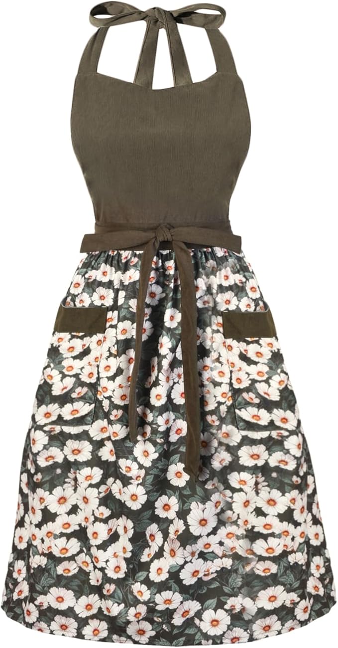Cute Floral Aprons for Women with Pockets,Cotton Adjustable Neck Strap Apron for Kitchen Cooking Baking Gardening