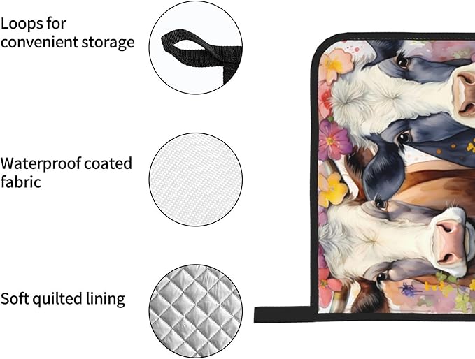 Watercolor Cows Oven Mitts and Pot Holders Sets Daisy Flower Kitchen Oven Gloves Heat Resistant 500 Degrees Oven Mitt and Hot Pad for Cooking BBQ Baking Grilling