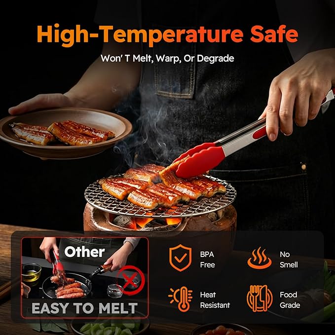 HST Tongs for Cooking with Silicone Tips(3 Pack), Non Stick Kitchen Tongs with Silicone Tip for Cooking BBQ Baking (12", Red)