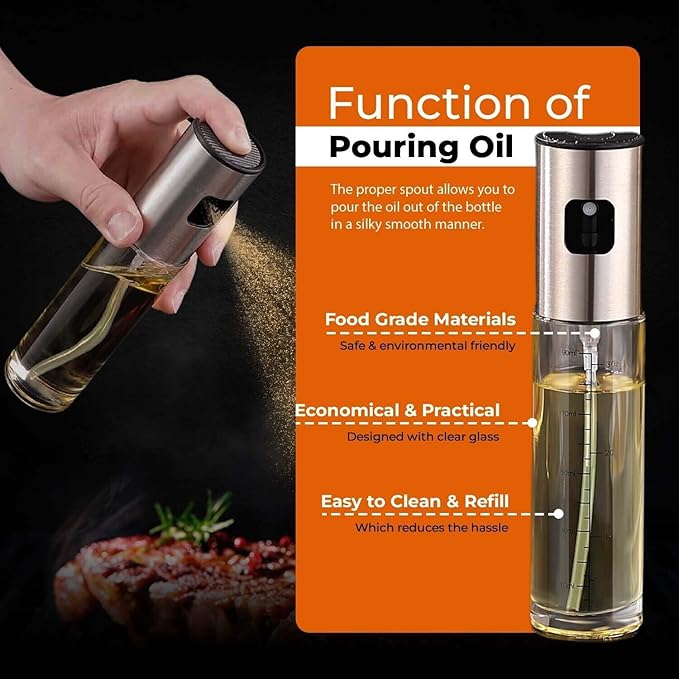 VIGOR PATH Oil Sprayer Mister – 100ml Stainless Steel Refillable Spray Bottle for Cooking, Air Fryer, BBQ, Salad, Baking & Roasting – Kitchen Gadget for Oil & Vinegar – Pack of 10
