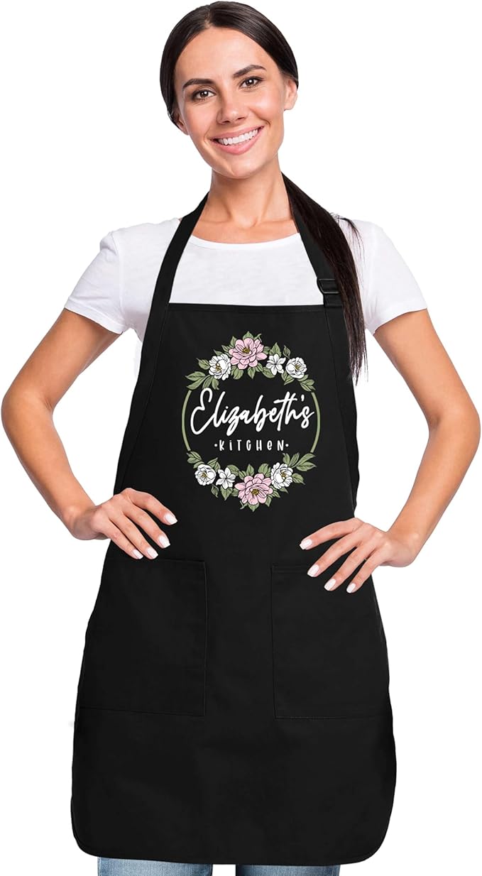shop4ever Personalized Floral Kitchen Apron with Name – Custom Pink Flower Apron with Pockets, Adjustable Cooking & Baking Apron for Women, Baker, Chef (Black)