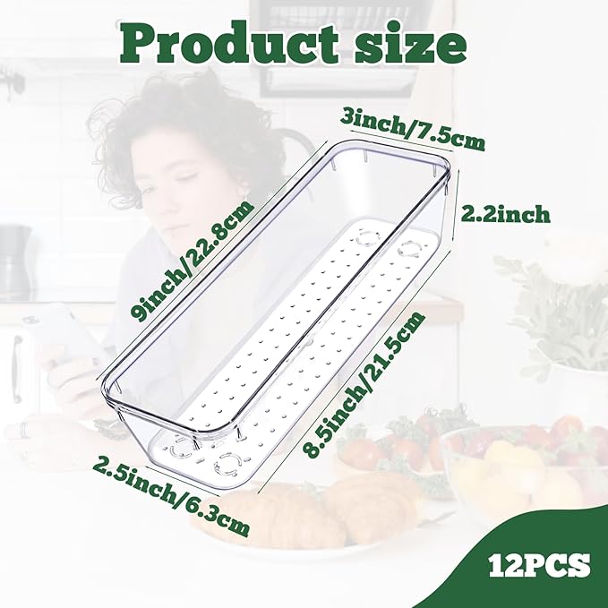 Ysglory 12 Pcs Clear Plastic Drawer Organizer 9 x 3 x 2 Inches Vanity Makeup Drawer Organizer Tray Silverware Utensil Storage Organizers Bins for Kitchen Office Desk Cosmetics and Bathrooms