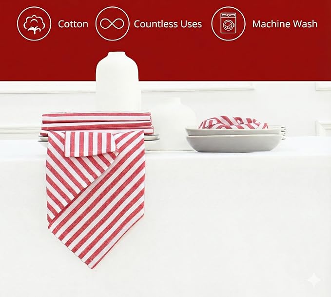 PurpleEssences Plain Striped Cloth Napkins - Set of 12-100% Cotton - 18 x 18 Inch - Spring Easter Summer and Perfect Everyday Use Dinner Napkin - Red and White