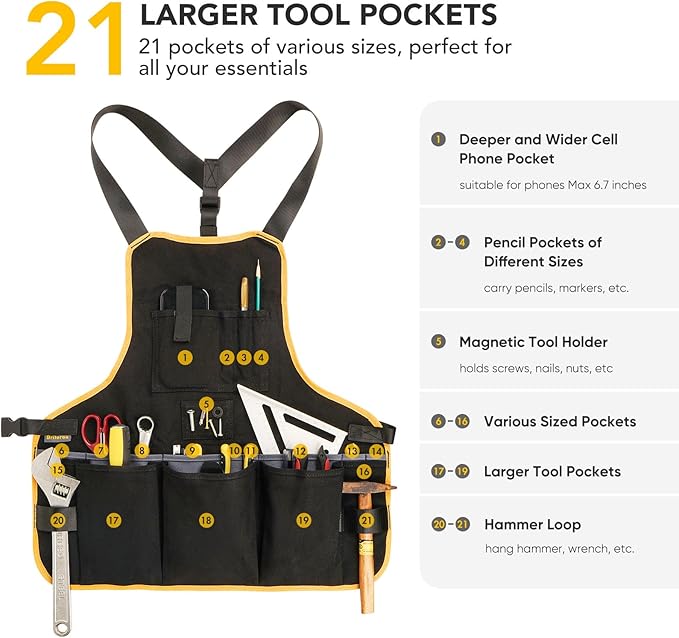 Work Tool Apron for Men and Women, Torso Length with 21 Tool Pockets, Durable Canvas Apron, DIY Enthusiasts, Gifts for Men Dad Father(Black)