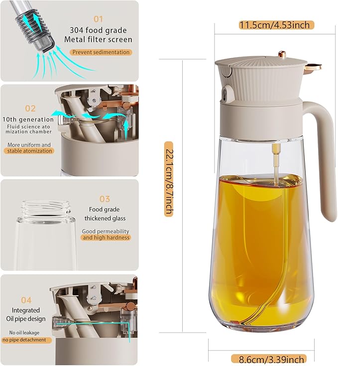 2025 New 19.6oz/580ml Olive Oil Sprayer for Cooking, Leak Glass Olive Oil Dispenser Bottle, 2 in 1 Oil Dispenser and Oil Sprayer, Switch Between Mist & Precision Pour for Air Fryer, BBQ, Salad,Baking