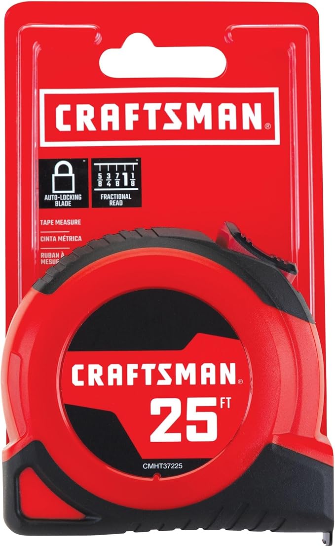 CRAFTSMAN 25-Ft Tape Measure with Fraction Markings, Retractable, Self-Locking Blade (CMHT37225)