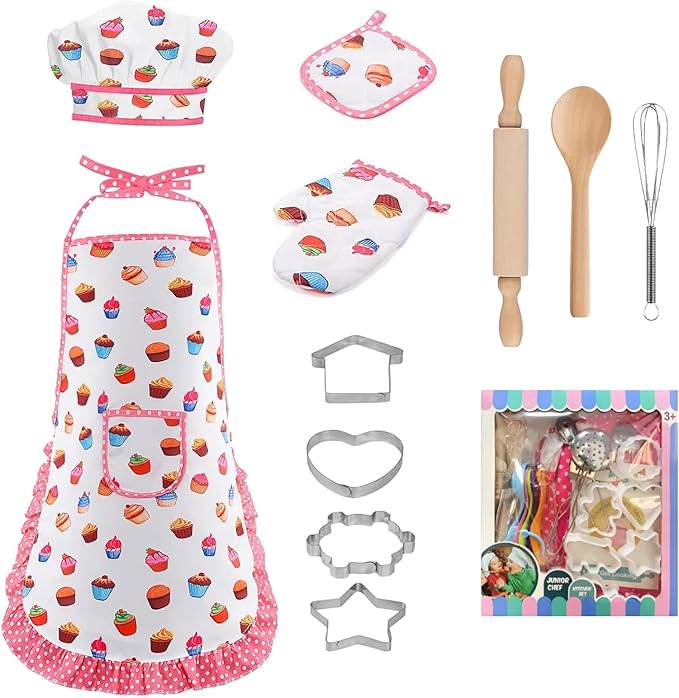 11 PCS Kids Baking Set for Girls, Chef Costume with Adjustable Apron & Hat, Pretend Play Kitchen Toys for Toddlers 3-8, Birthday Xmas Gifts for Little Chefs