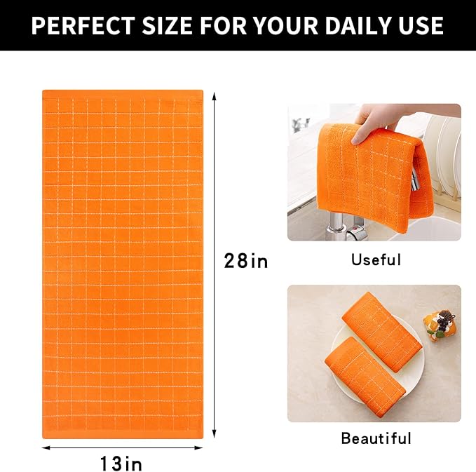 Homaxy 100% Cotton Terry Kitchen Towels(Orange, 13 x 28 inches), Checkered Designed, Soft and Super Absorbent Dish Towels, 4 Pack