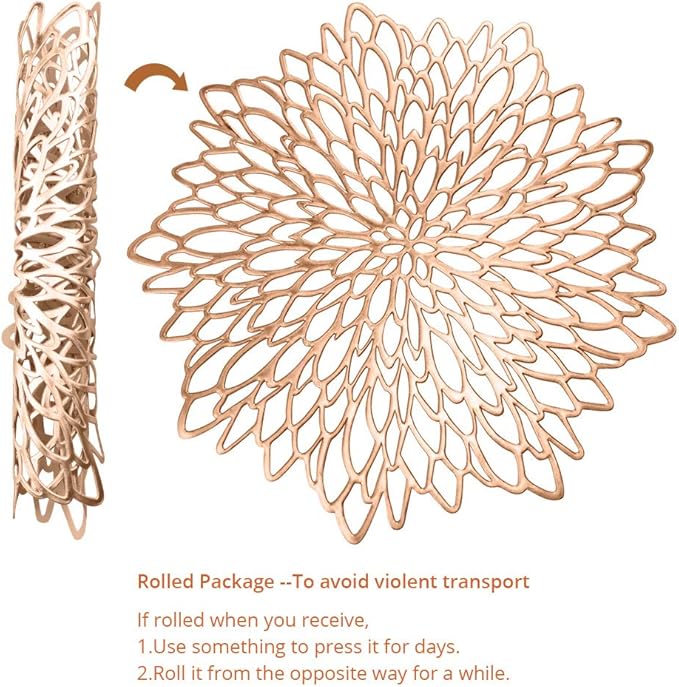 Rose Gold Round Placemats for Dinner Table Set of 6 Hollow-Out Vinyl Place Mats for Kitchen Decor Wedding Accent Centerpiece Table Mats