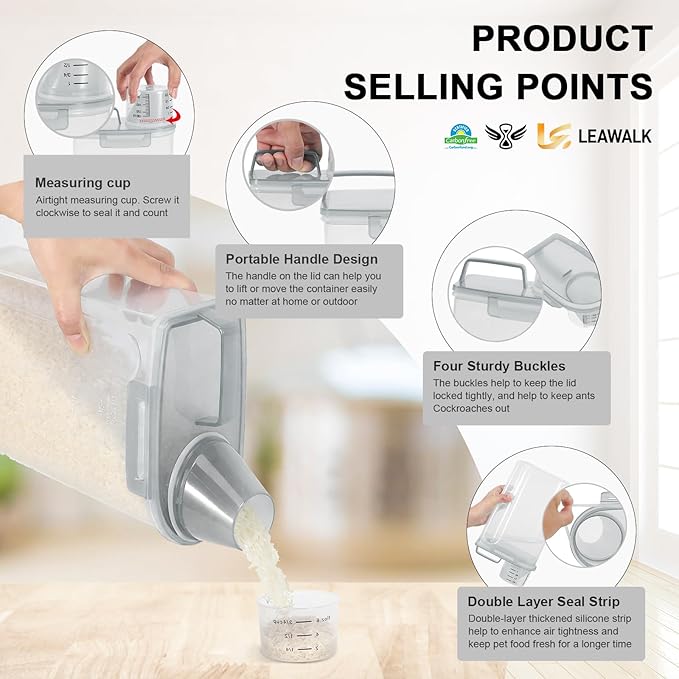 LEAWALK Airtight 3.5LBS Rice/Cereal/Dry Food Storage Container BPA Free, 2.11Qt Clear Plastic Kitchen and Pantry Organization Bin Suitable for Oats, Flour, Sugar, Pasta, Pet Food, etc (Clear Grey)