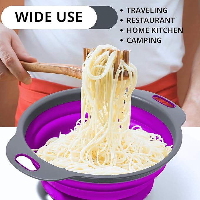 Purple Foldable Food Strainer for Kitchen - Small Collapsible Colander for Spaghetti and Pasta Multifunctional Silicone Strainer for Camping