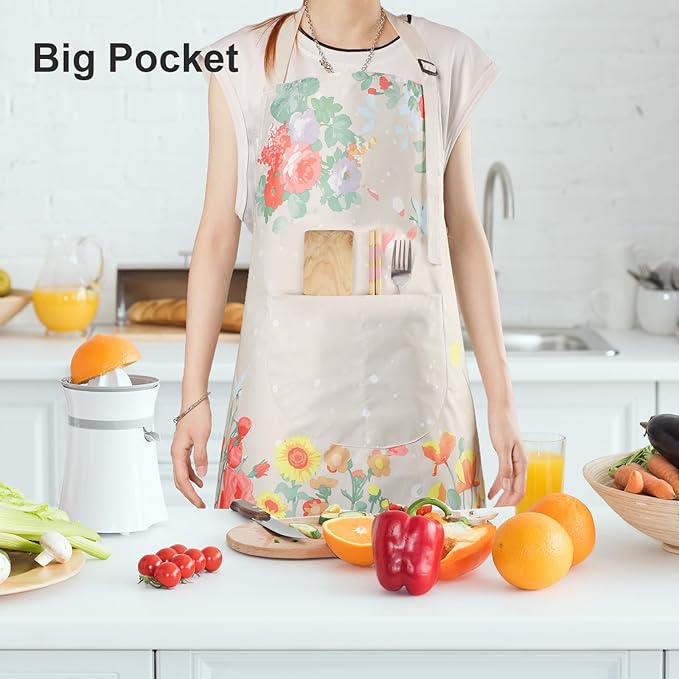 Apron for Women with Pockets, 2 Pcs Waterproof Floral Apron with Adjustable Neck Strap for Cooking, Baking, Gardening, Crafts