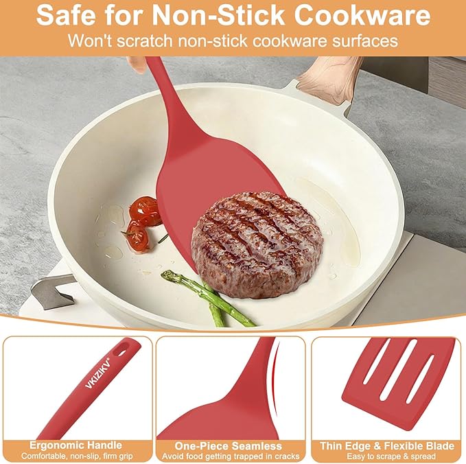Silicone Spatula Turner Set, 4 Pack, 600°F Heat Resistant Cooking Spatulas, Spoons, BPA Free & Non-Stick Kitchen Utensils, Ideal for Flipping Egg, Pancake, and Serving, Dishwasher Safe (Red)