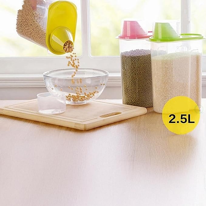 Basicwise 2.5 Liters Set of 3 Large Airtight Food Storage Containers with Pouring Spout and Measuring Cup Lid for Flour Sugar Cereal Rice Pantry Staples & Baking Ingredients in Green Pink and Yellow