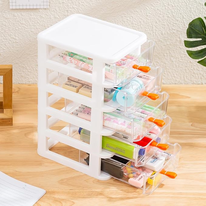 Gagee 5 Drawer Mini Stackable Storage Drawers,Plastic Dressers with Drawers for Arts and Crafts, Small Tools, Sewing Accessories, Stationary, and Hardware,Clear/White Frame